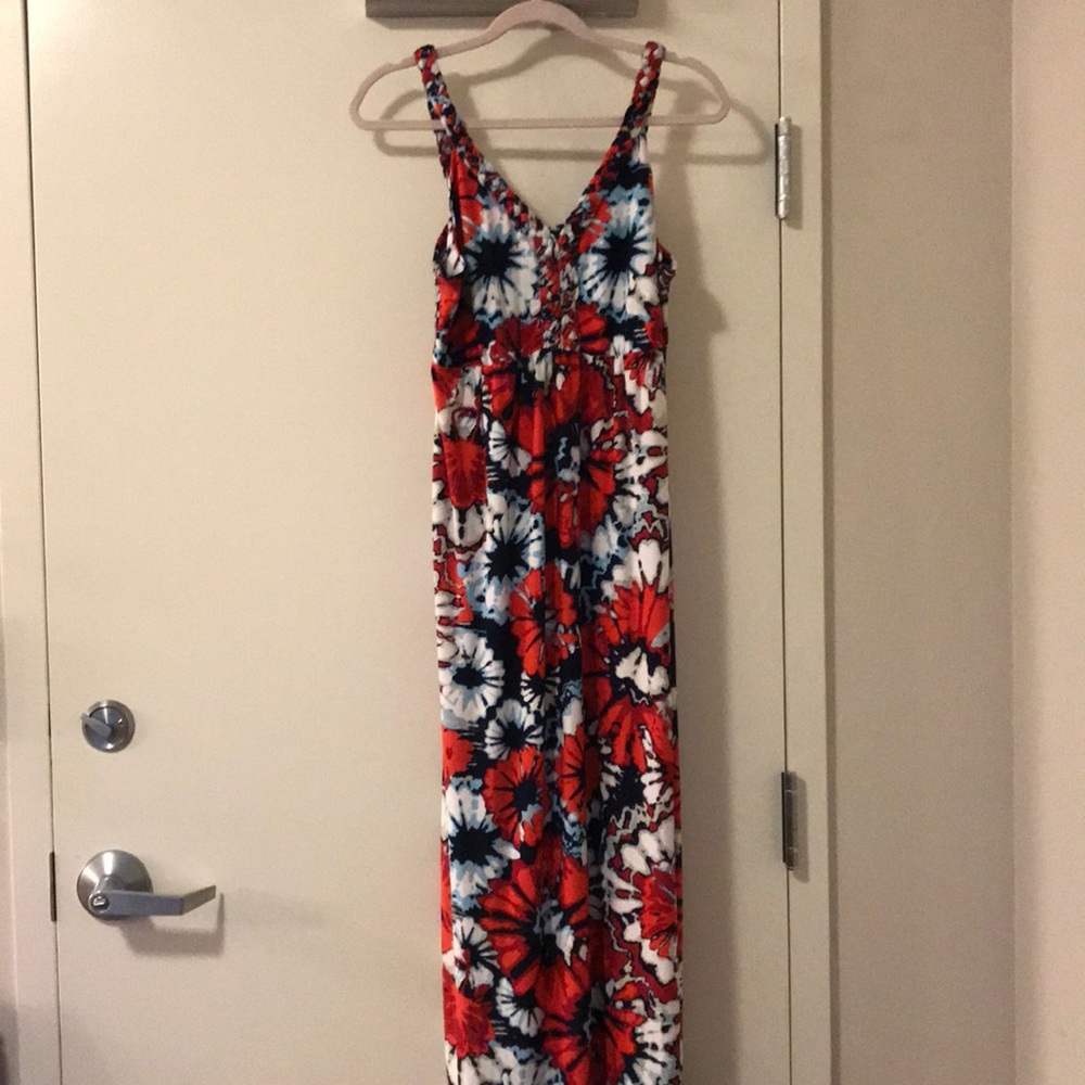 Women’s Red & Navy Floral Maxi Dress - Sleeveless V-Neck